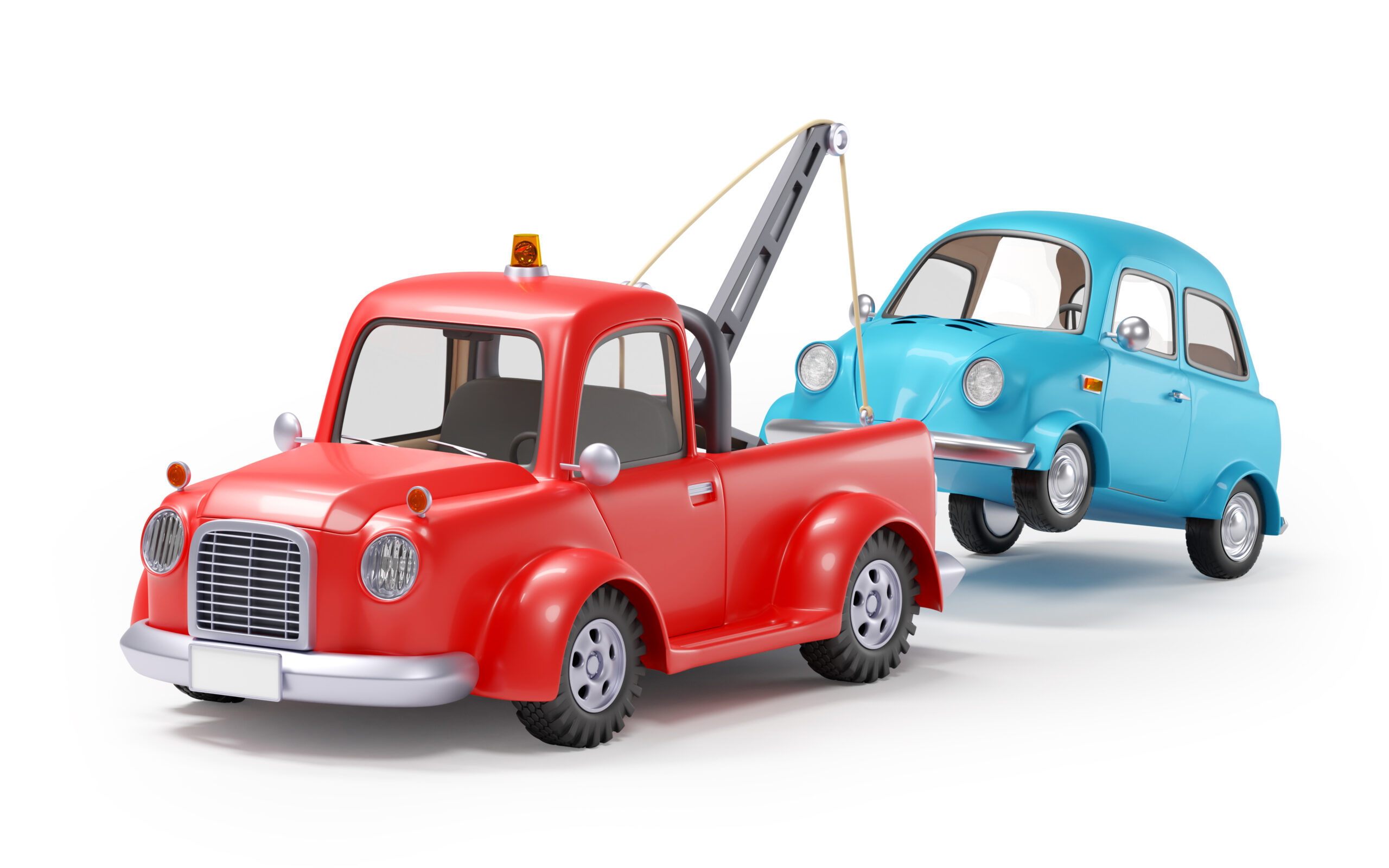 Old cartoon tow truck with car on white background. 3d illustration.
